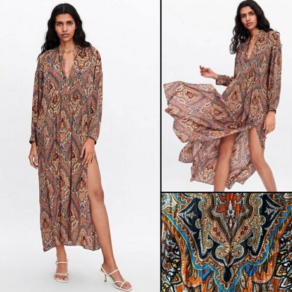 Zara Bohemian Paisley Side Slit V-Neck Long Sleeve Maxi Dress - Picture 1 of 11